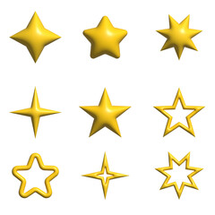 Yellow, gold, orange sparkles symbols. The set of original vector stars sparkle icon. Bright firework, decoration twinkle, shiny flash. 3d render illustration.