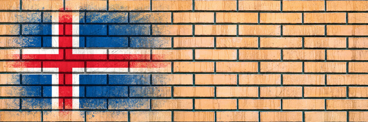 Flag of Iceland. Flag painted on a brick wall. Brick background. Copy space. Textured background