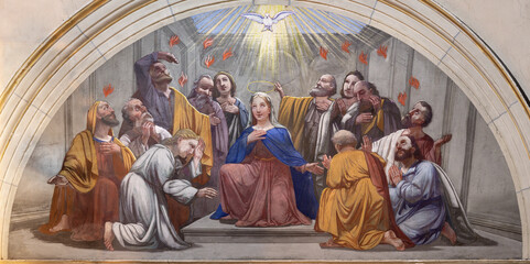 Fototapeta ANNECY, FRANCE - JULY 11, 2022: The  fresco of Pentecost in church Notre Dame de Lellis by J. Srellio (1948). obraz