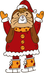 Cute doodle bunny in Santa hat and skate shoes. Christmas funny character