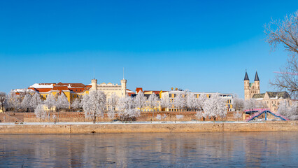 Panoramic view over Magdeburg historical downtown in Winter with icy trees and snow during sunrise...