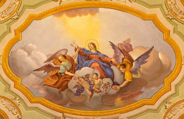 COURMAYEUR, ITALY - JULY 12, 2022: The ceiling fresco of Assumption in church in the church Sanctuary of Notre Dame de Guerison by Giuseppe Stornone (1816 - 1890). - obrazy, fototapety, plakaty