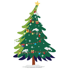 Fototapeta premium Decorated Christmas tree with gift boxes, stars, lights, decoration balls, and lamps. Merry Christmas and a happy new year. Flat style illustration.