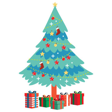 Decorated Christmas tree with gift boxes, stars, lights, decoration balls, and lamps. Merry Christmas and a happy new year. Flat style illustration.