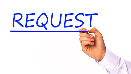 hand writing REQUEST subscription with marker, concept, the letters in blue