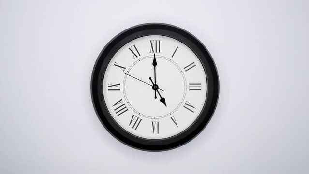 The Time On The Clock Five. White Wall Clock With Black Rim And Black Hands. 4k, ProRes