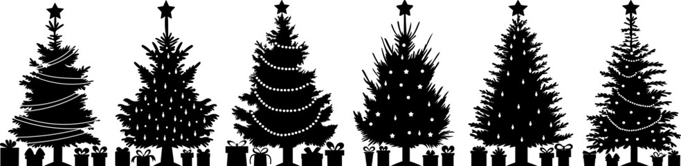Christmas tree silhouette with gifts set, collection design vector isolated