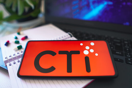 November 18, 2022, Brazil. In this photo illustration, the CTI BioPharma logo is displayed on a smartphone screen.