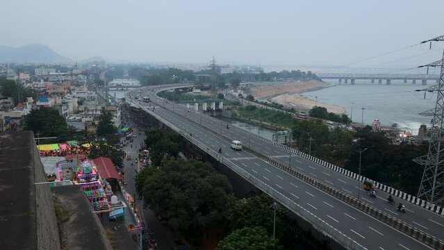 Aerial view of Kanaka Durga Flyover is the Longest Flyover in Andhra Pradesh state India as of 2022. Time lapse of traffic movement. 