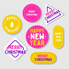 For christmas presents. Different shaped labels with text. Happy new year vector set. Modern style, yellow purple pink color