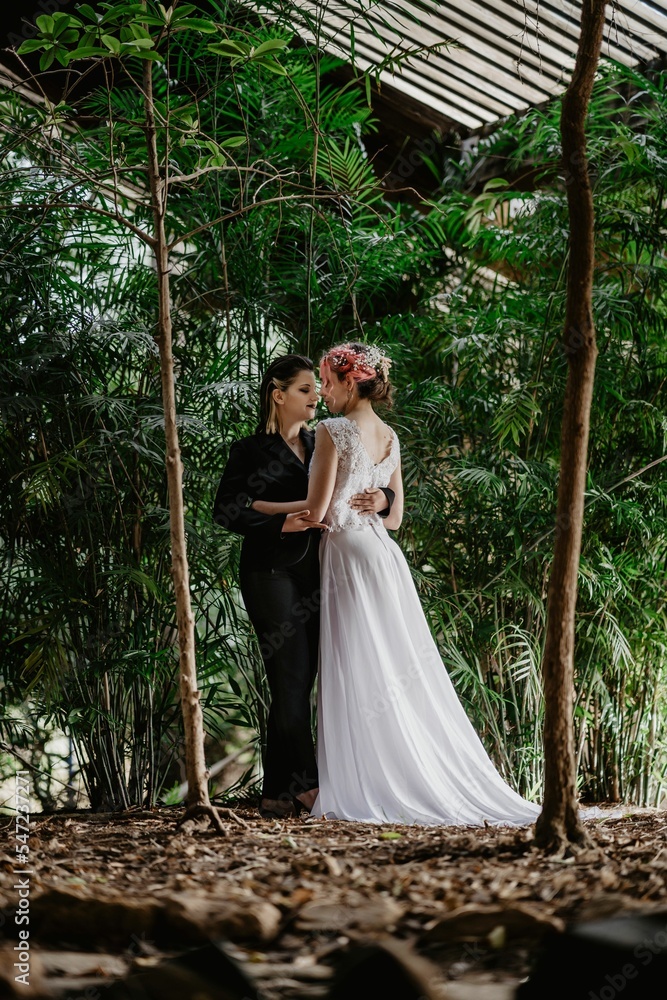 Wall mural Vertical of a lesbian pair bride and a female in black costume holding each other hand