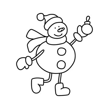 A cute snowman in a hat and scarf holds a Christmas tree toy in his hand. A stylized image of a winter character. Vector illustration in a doodle style.