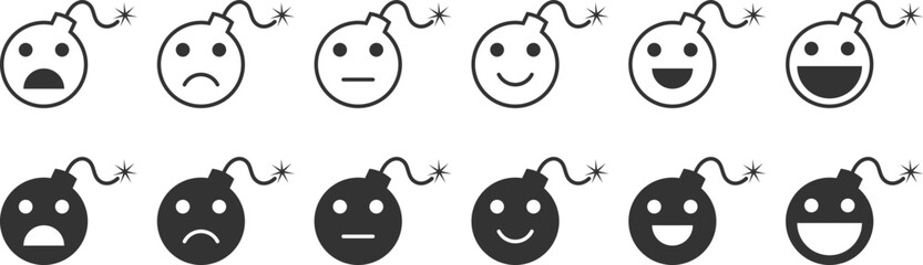 Set of rating emotion bomb faces. Bomb emoticon icons. Vector illustration.