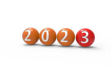 2023 was written by lining up balls with numbers written on them. 3d rendering.