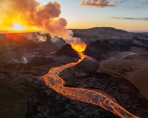 Aerial view of lava pouring out of an erupting volcano in Iceland © Billy K  Photography/Wirestock Creators