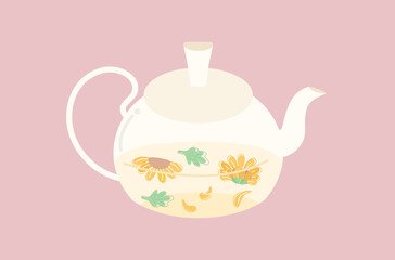 Chrysanthemum herbal tea in pot vector, flat design of organic flowers in teapot vector, flat design of vintage teapot vector, natural yellow chrysanthemum flowers vector, organic beverage teapot.