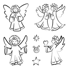 Set of angels of different shapes, contour drawing, sketch, coloring, black and white, for design, printing of different shapes, contour drawing, sketch, coloring, black and white, for design, printin