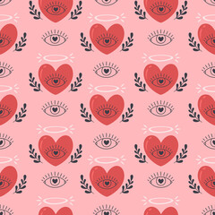 Fototapeta premium Hearts seamless pattern. Valentines Day, romantic and love element. Heart with eye and flowers. Flat, hand drawn texture for wallpaper, textile, fabric, paper. Hand drawn vector illustration