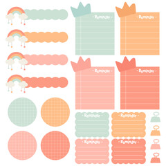 Cute paper notes. Stationary set. Scrapbook notes and cards.Printable planner stickers. To Do List note. Template for your message. Decorative planning element. Vector illustration.