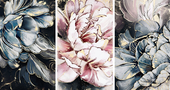 Oil painting with flower rose, peonies, navy blue, gold leaves. Botanic print background on canvas -  floral triptych In Interior, art.