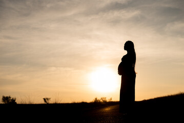 Fototapeta premium Silhouette of a pregnant lady standing in a field of long grass