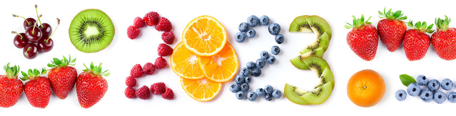 Fruits. New year 2023 made of fruits. Healthy food.