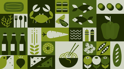 Geometric food pattern. Simple fruit vegetable seafood grocery background bauhaus style, organic products. Vector design
