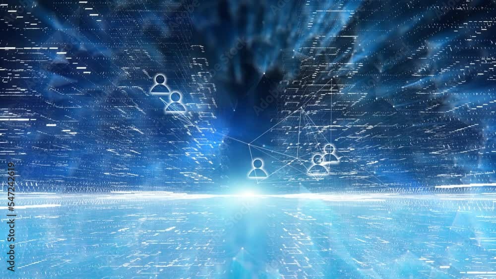 Poster digital cityscape network with loop people icons animation background.