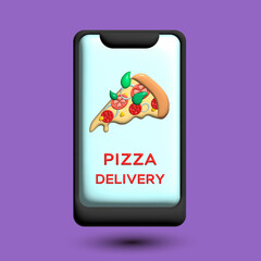 Order pizza delivery on your phone, pizza delivery to your home, food delivery by courier, fast delivery. Italian pizza cheese, tomatoes, salami, basil