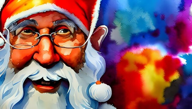 Santa Claus is looking at the camera with a twinkle in his eye. He has a big, bushy white beard and he's wearing a traditional red suit with furry trim. A sack of presents is slung over his shoulder