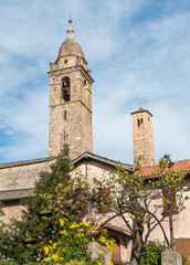Fototapeta na wymiar View of the bell tower of San Vito catholic church in Cremia, province of Como, Lombardy, Italy
