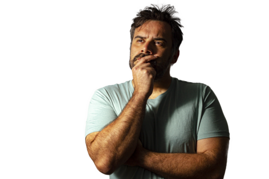 A man with messy hair with a hand on his mouth and looking to nowhere, just thinking. Transparent background