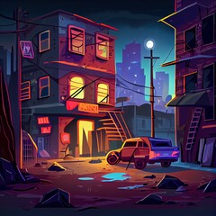 Ghetto street at night, slum ruined abandoned old buildings with glowing windows. Dilapidated dwellings stand on roadside with street lamps, car body and scatter litter cartoon 2d illustrated