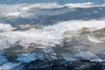 Icy river surface. Texture of ice covered with snow. Winter background.