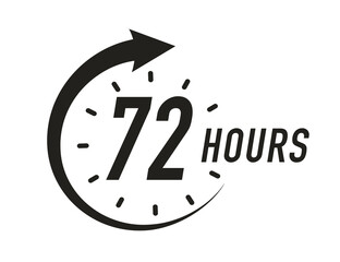 72 hours timer vector symbol black color style isolated on white background. Clock, stopwatch, cooking time label. 10 eps