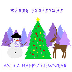 MERRY CHRISTMAS AND A HAPPY NEW YEAR WITH SNOWMAN DEER AND CHRISTMAS TREE WHITE