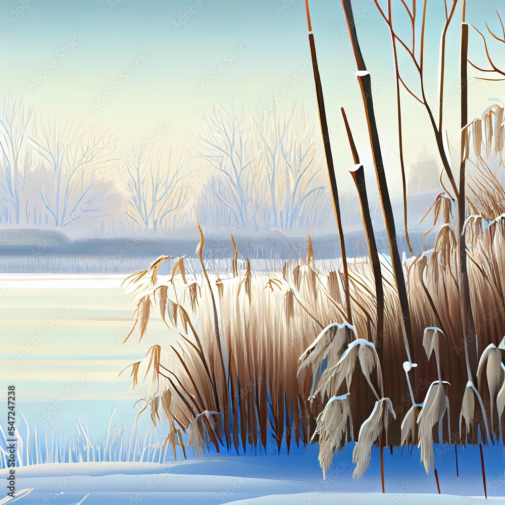 Sticker winter landscape by the lake with phragmites and trees background. ice on the river, common reed. on