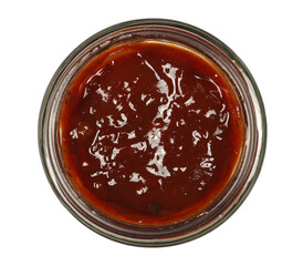 Sauce barbecue in glass jar isolated on white, top view