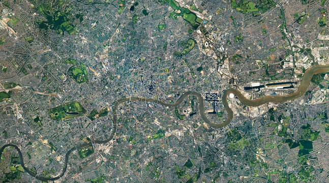 Satellite view of London, United Kingdom from the space. Elements of this image furnished by NASA.