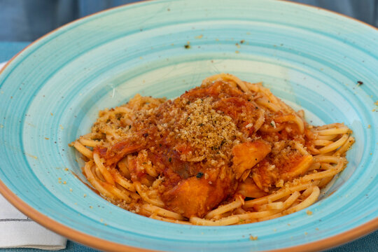 Pasta alla cernia on blue plate gourmet restaurant in Bari Apulia Italy