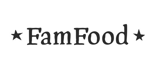 Vector illustration of a logo with text Famfood (concept family food). Handwritten lettering script. Black and white style. Logotype  for a food ordering site