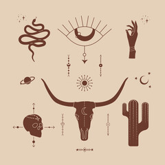 Western boho set vector stickers pack wild west, isolated