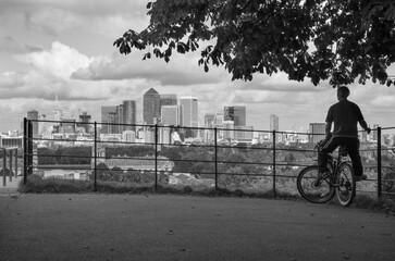 London - The view to the Canary Wharf and the City from Greenwich park.