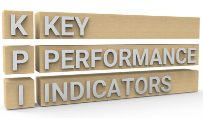Key Performance Indicator (KPI) Wood Block with Metal Letters 3D Render