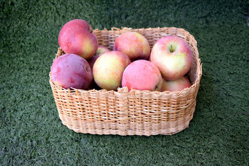 basket with apples on the grass, close-up as a texture for background
