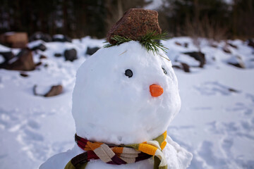 Close-up portrait of snowman with a bitten-off carrot that is his nose. Space for text for winter...