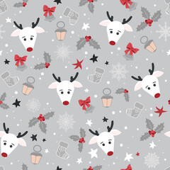 Cute Christmas pattern with Santa's white reindeer, Christmas bells and toys. Seamless pattern.