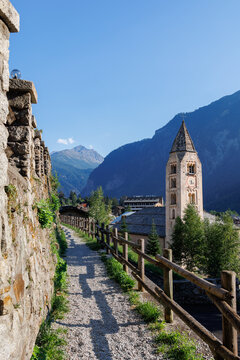 View of the Bell Tower of the Church of San Pantaleone in Courmayeur, Aosta Valley - Italy