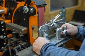 Industrial tool worker grinds a steel plate on a rotating belt sander, he makes a knife.