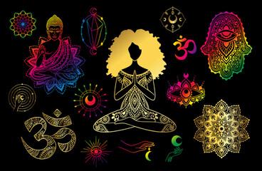 Buddha, Yoga Poses Hamsa, Moon, On, Hand. India set. - obrazy, fototapety, plakaty